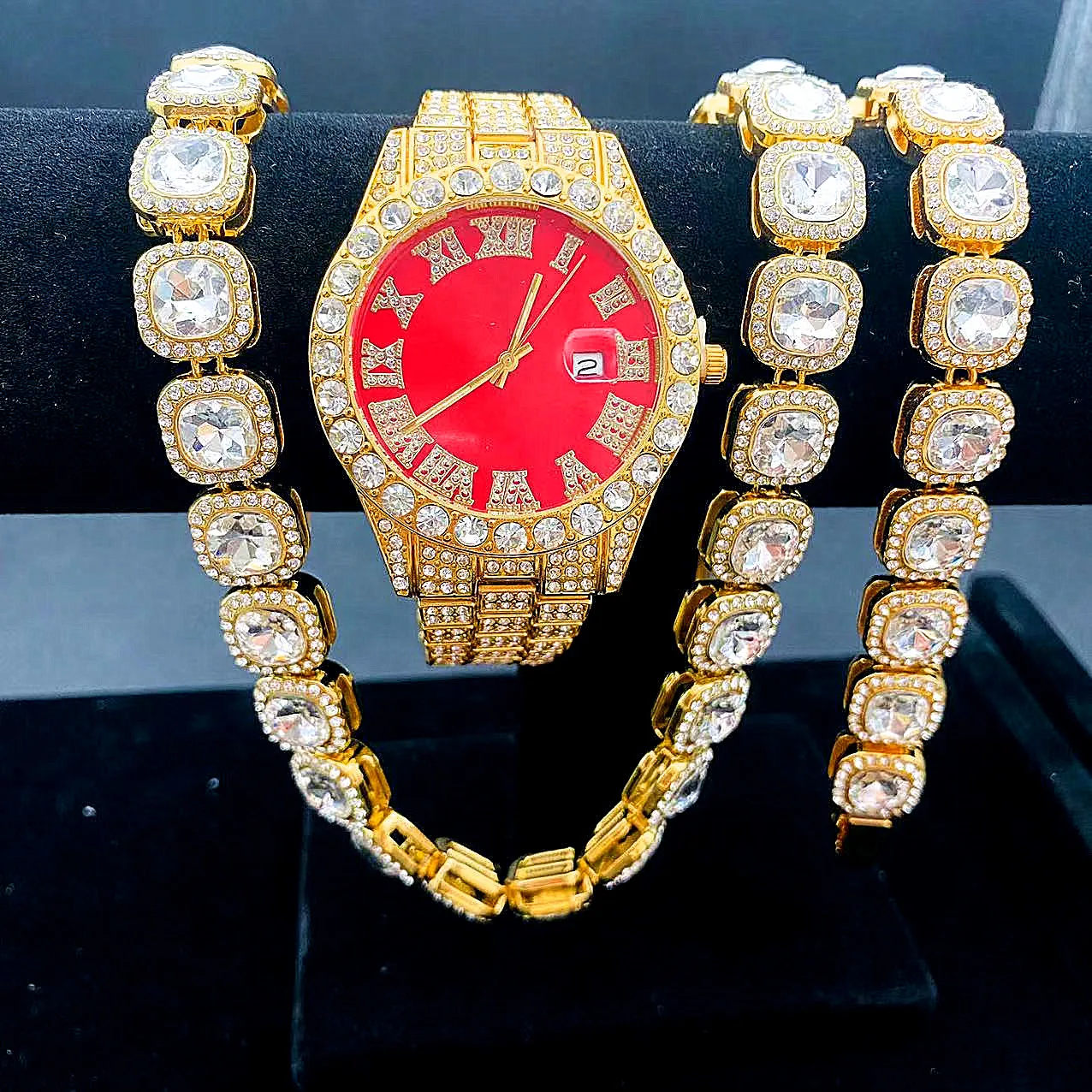 3PCS Hip Hop Watch Necklace Bracelet Jewelry For Men Women Iced Out Bling Cuban Chain Tennis Silver Color Miami Christmas Gift