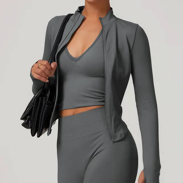 Zipper Jacket Women Crop Tops Yoga T-shirts Solid Sports Top Long Sleeve Running Shirts Sexy Quick Dry Fitness Gym Sport Wear 6