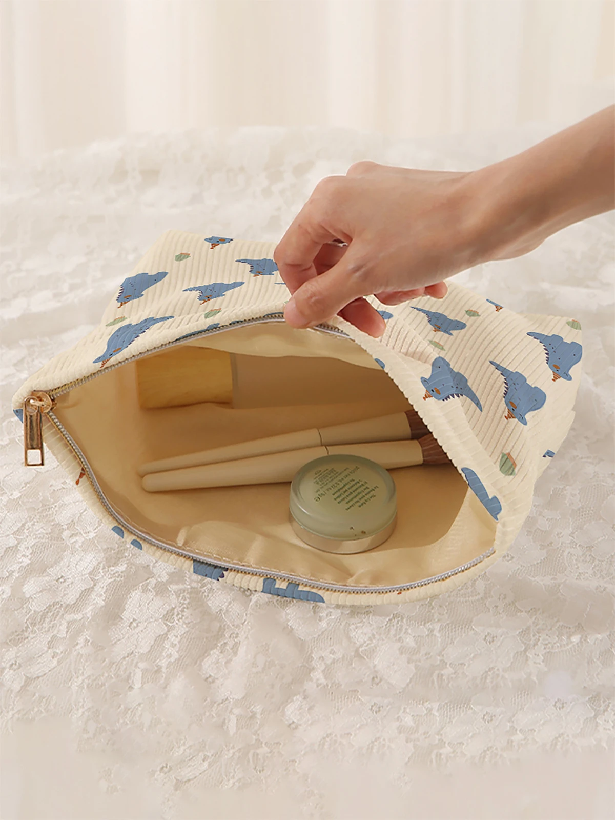 1 cartoon dinosaur patterned corduroy makeup bag, lightweight zipper makeup storage box, multifunctional bag with lining