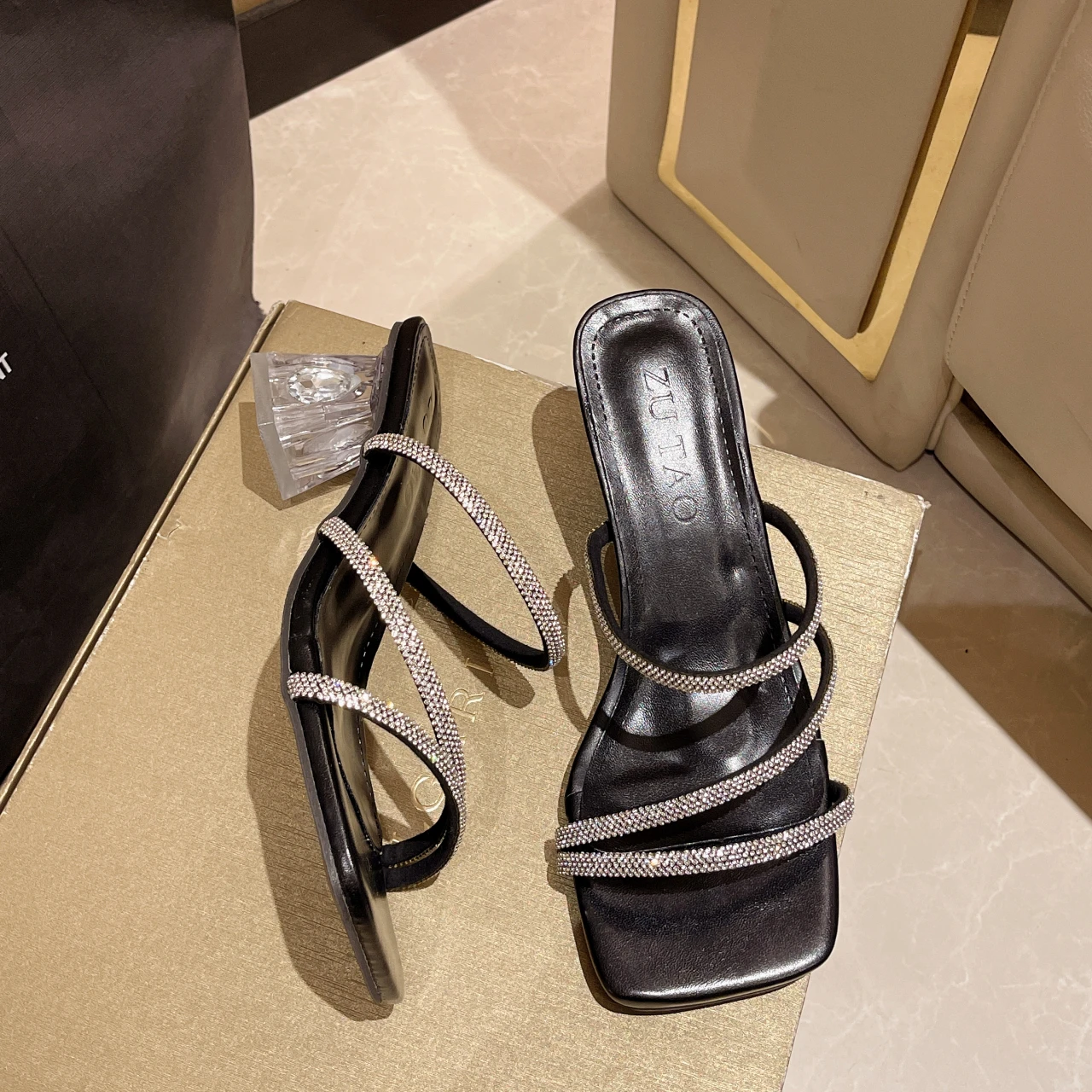 Aphixta 6cm Transportant Heel Sandals Party Shoe Women Square Heel Slides Crystal Narrow Band Zapatos Mujer Elegant Woman Sandal