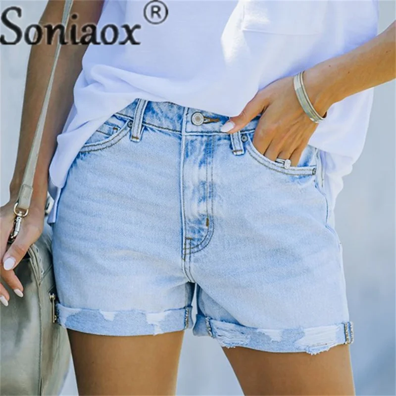

Summer Stretch Mid-waist Broken Holes Denim Shorts Ladies Fashion Streetwear Women's Button Splicing Pocket Three Quarter Pants