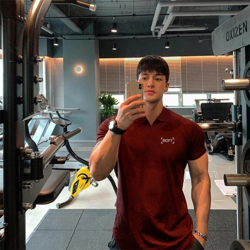 

Mens Training Trend Running V-neck Polo T Shirts Casual Sporting Clothing Bodybuilding Fashion Short Sleeve Fitness Tshirt