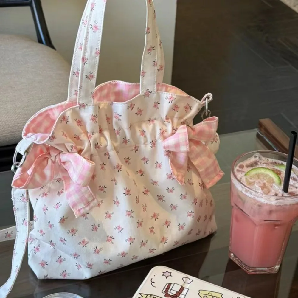 Borsa a Spalla Semplice e Graziosa, Grande Capacità, Stampa alla Moda con Fiocco, Borsa a Mano in Tela Sottobraccio - immagine 2