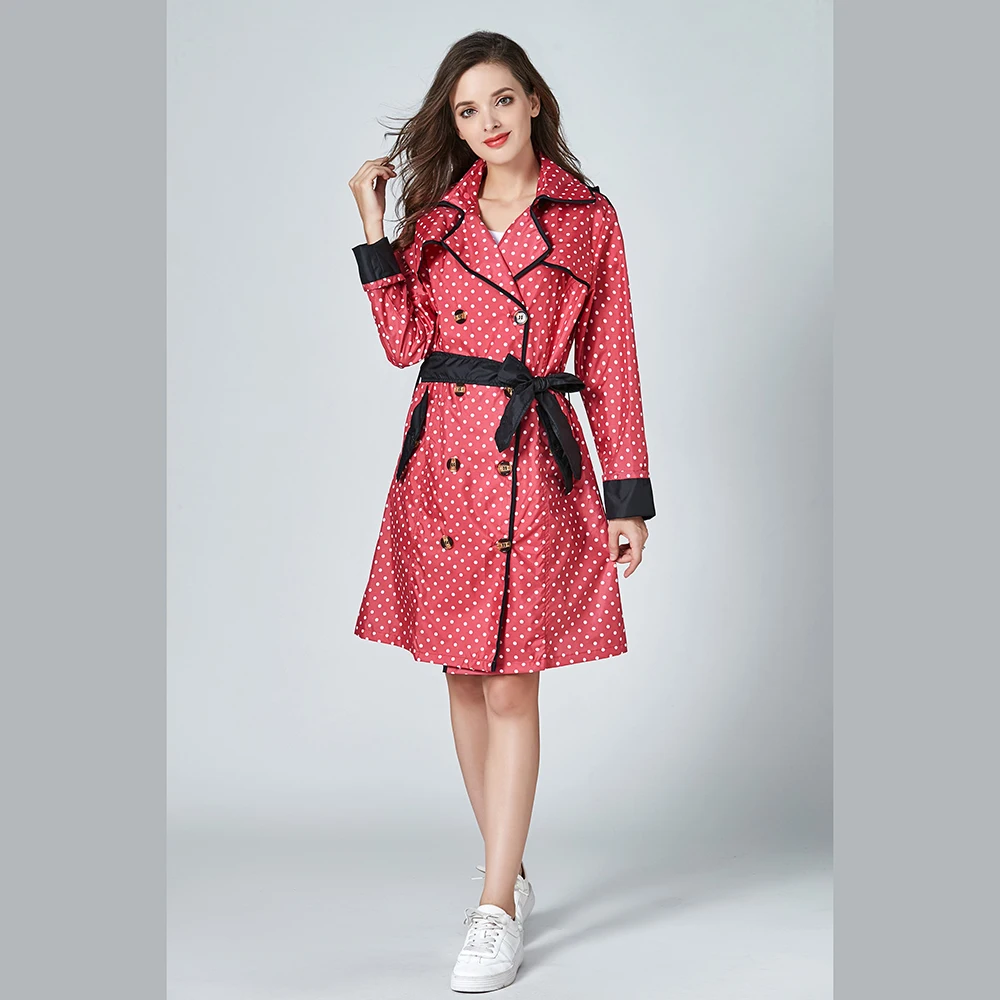 

Freesmily Women Red Dots Bowknot Belt Stylish Rain Poncho Waterproof Raincoat with Hood