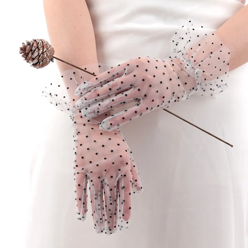 Women Sexy Lace Gloves Transparentes Dot Mesh Short Tulle Mittens Club Prom Party Dancing Fishnet White Dress Breathable Glove