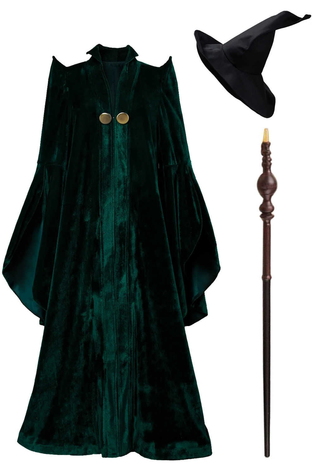 

Professor Minerva McGonagall Cosplay Costume Outfits Velvet Cape Green Cloak Wand Hat Set For Women Halloween Role Play Party