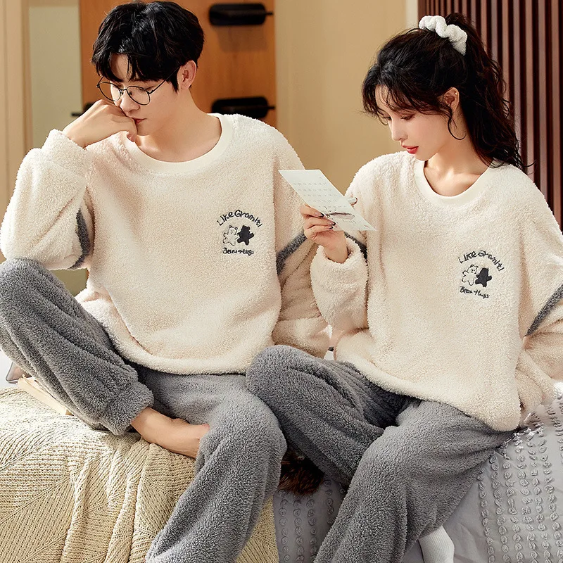 Lovely Bear Winter Couple Sleepwear Women Men Warm Coral Fleece Pyjama Homewear pijama feminino inverno pijamas para parejas