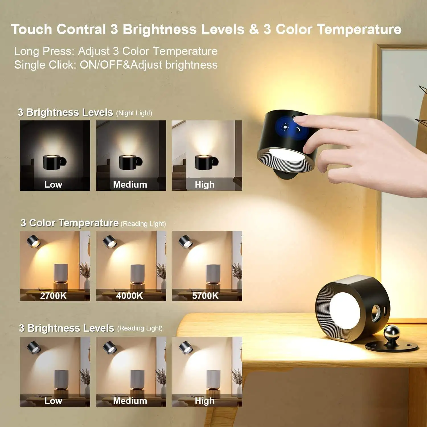 Touch & Remote control Indoor wireless rechargeable wall lamp Battery powered LED cordless wall sconces light with USB charging led light,led wall lamp,wall light