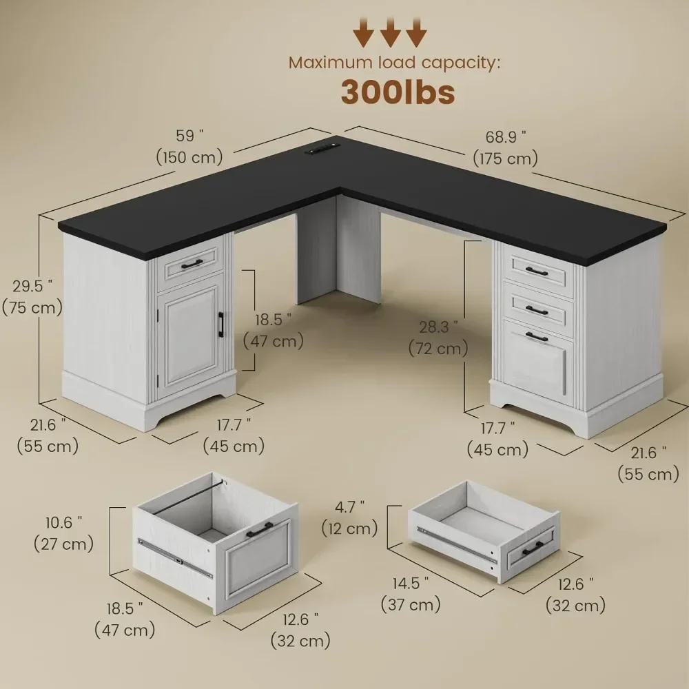 "l-shaped executive desk for home office with storage drawers and integrated power outlet"
