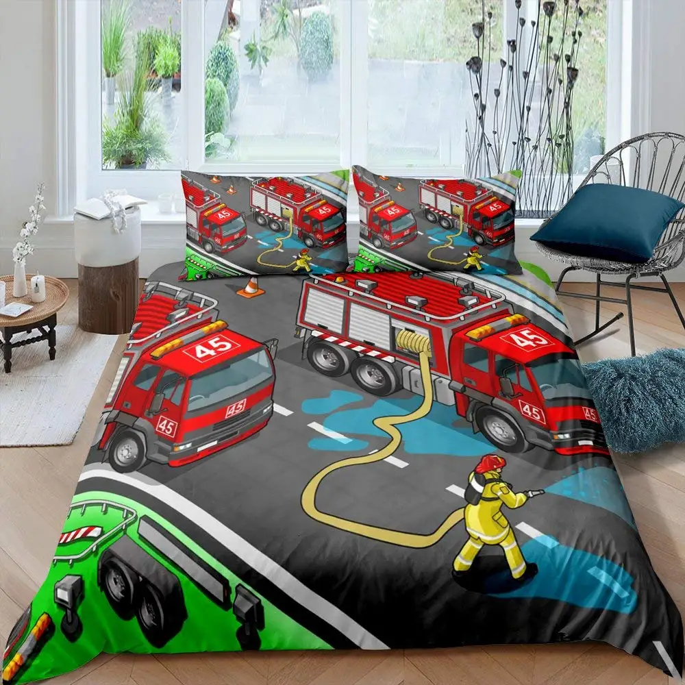 Fire Truck Fireman King Queen Duvet Cover Red Fire Fighting Supplies