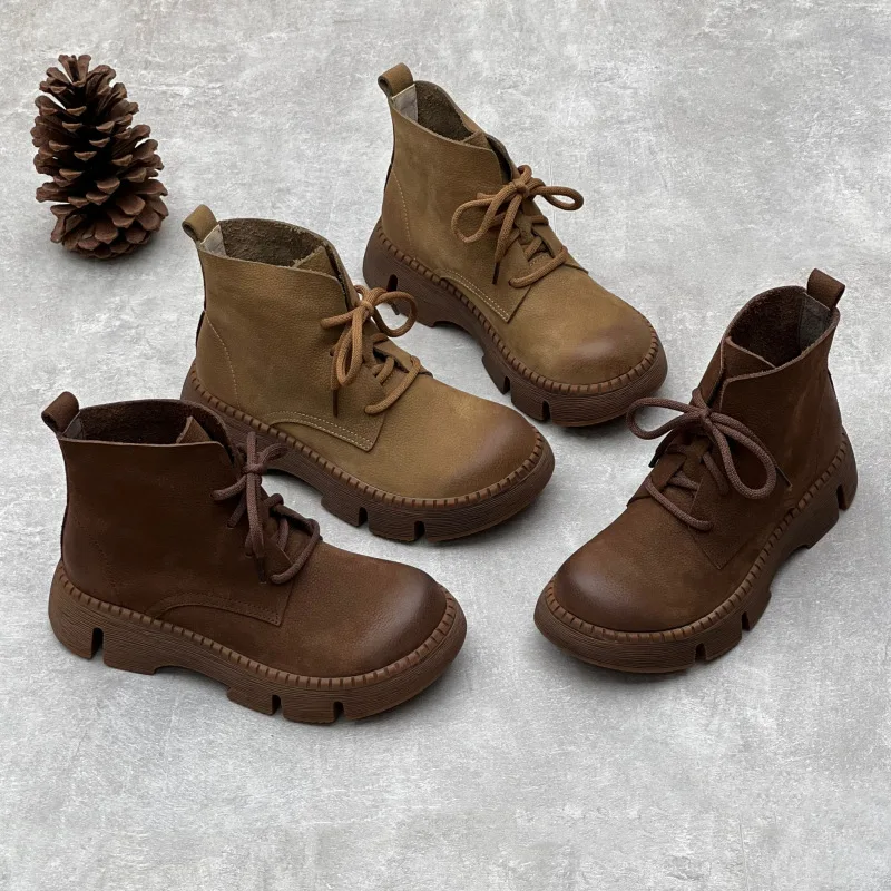 

Genuine Leather Shoes Women Boots Round Toe Flat With Handmade Concise Leisure Sewing Platform Boots Free shipping