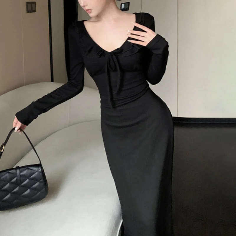 Women Dress y2k Clothes Solid Color Ruffle Tie Up V Neck Long Sleeve Bodycon Long Dresses Party Dresses Streetwear