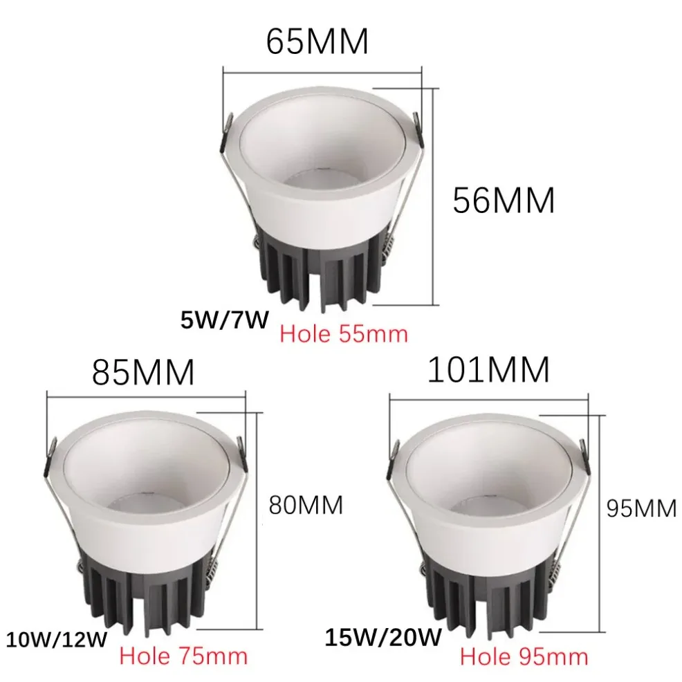 매립형 디밍이 가능한 Led COB 통 천장 조명 스포트라이트 알루미늄 조명 5W7W10W15W 20W AC90V-260V 가정용 실내 조명