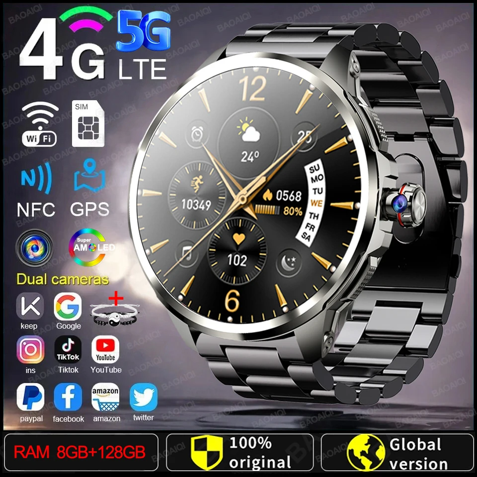 5G/4G Full Network Smart Watch 1.95 inch 720*720 Big Screen HD 8GB+128GB RAM Video Call Smartwatch Google Play WIFI GPS Sim Card 1