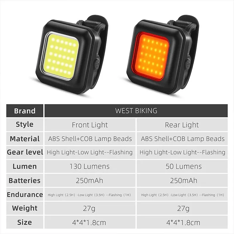 WEST BIKING Cycling Mini Front/Rear Lights 250mAh Rechargeable LED High Visibility Taillight Bicycle Front Fork Light Hiking