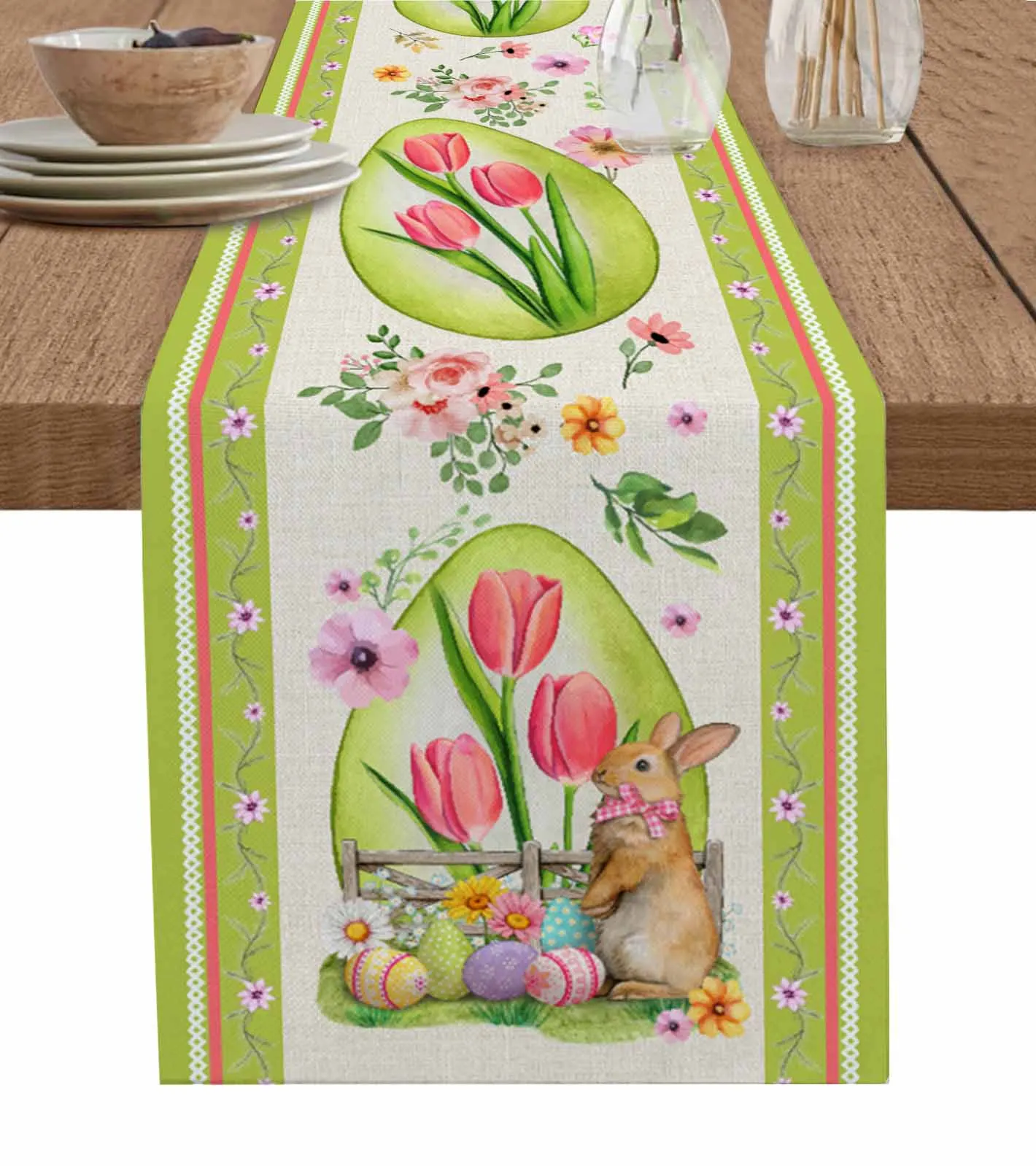 

Easter Eggs Bunny Tulip Flower Linen Table Runner Kitchen Table Decoration Farmhouse Dining Tablecloth Wedding Party Decor