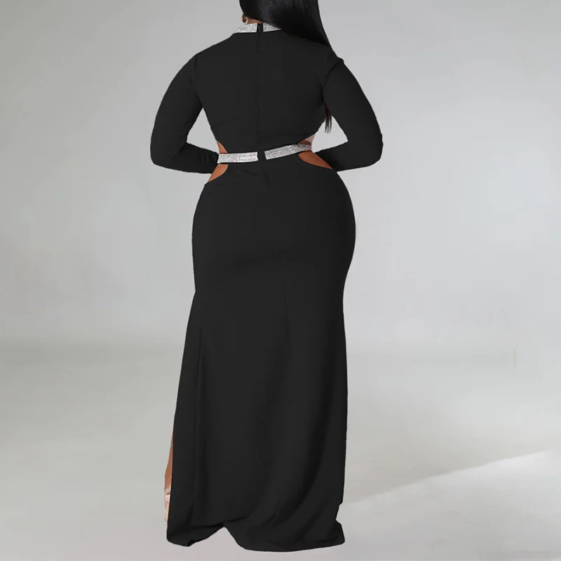 Solid O-Neck Diamonds Splicing Net Yarn Long Sleeve A-line Skirt Lady Autumn Elegant Waist Hollow Out Split Plus Size Maxi Dress