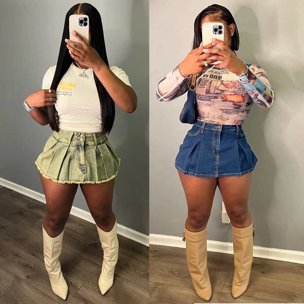 Denim Skirts Jean Shorts Pant Pleated Dress 2023 Winter Clothes Women Tie Dye Pant Y2K Streetwear Fashion Sexy Club Party Skirts colysmo autumn crop tops ruffles skirts sets women two piece set sexy chest lace up ruched skirts party club clothes 2020 new