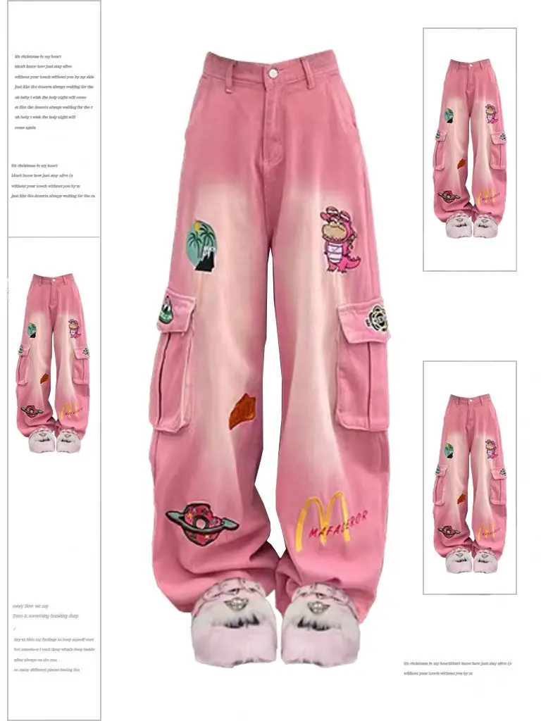 American Style High Street Casual Spring Women Jeans Cartoon Embroidery Popular Trend Niche Loose Pocket Printing Trousers