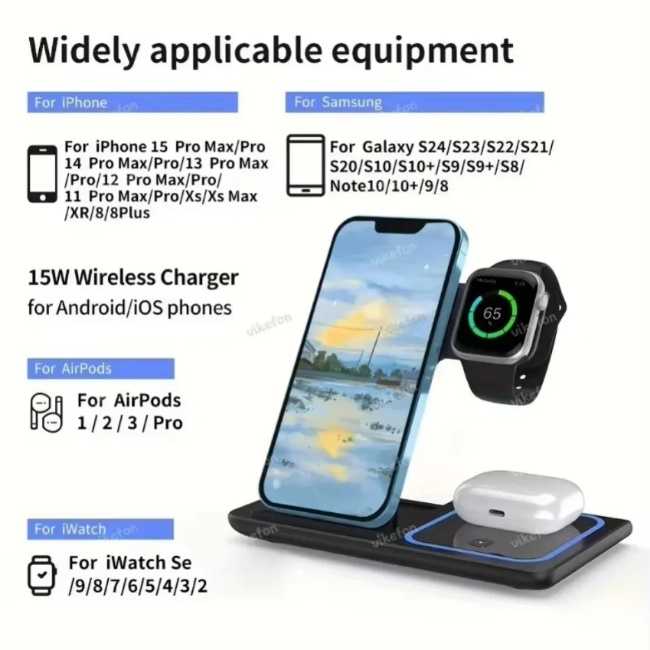 30W 3 in 1 Wireless Charger Stand LED Induction Fast Charging Station For iPhone 16 15 14 13 12 Apple Watch 10 9 8 7 6 5 Airpods