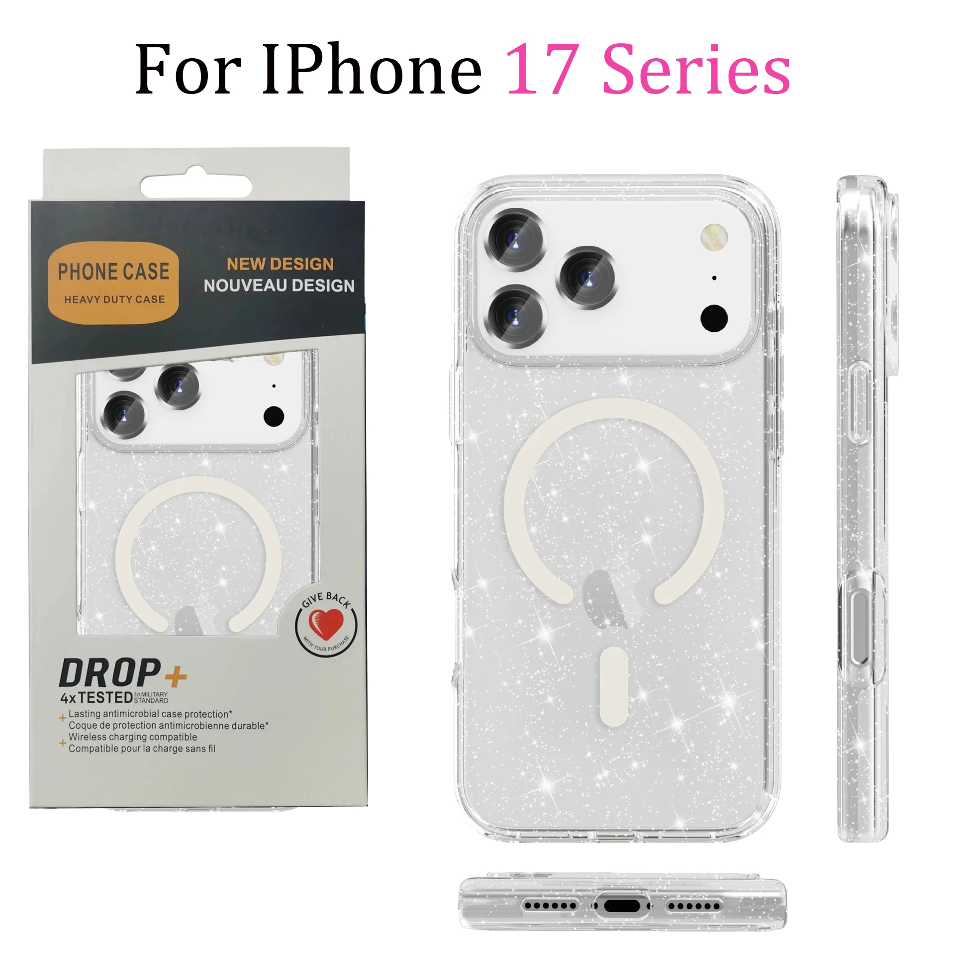 Glitter Transparent Shockproof Armor Case with Wireless Charging Compatibility