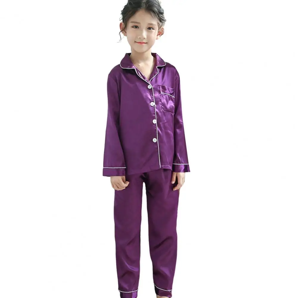 2pcs Infant Baby Boy Girl Pajamas Silk Satin Top Pant Long sleeve Solid Button-Down Pyjamas Satin Set Nightgown Child Sleepwear