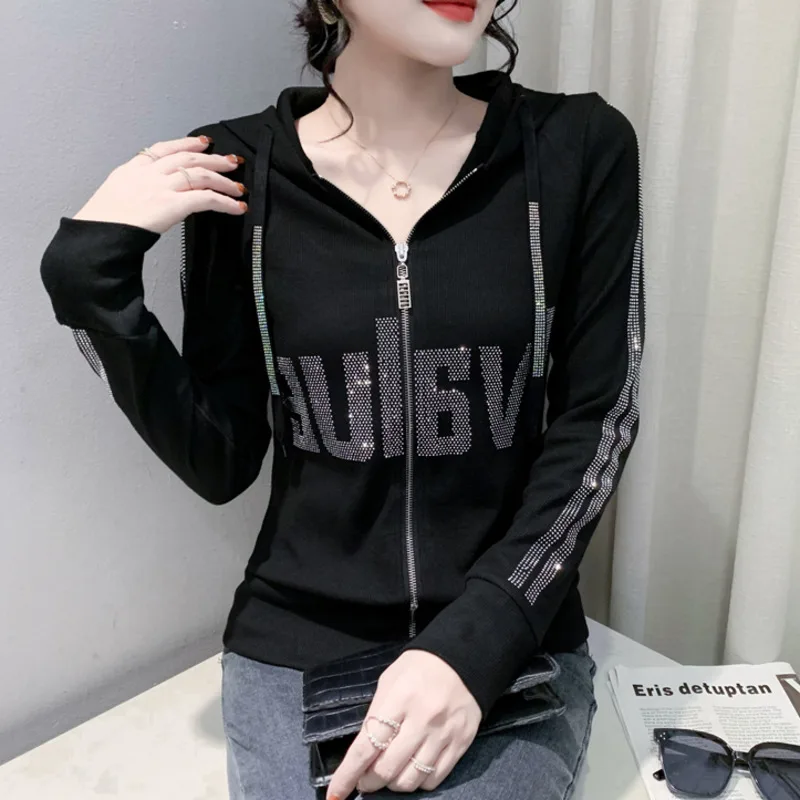 #8384Black Grey Women Hoodies Sweatshirt Tops Pullovers Diamonds Letters Slim Streetwear Short Hoodies Woman Zipper Korean Style
