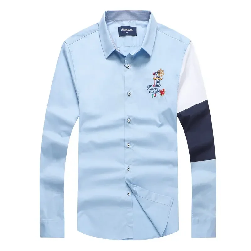 

2023 Men's Faconnable Solid Embroidery 1951 Patchwork Sleeve Business Male Blouse Casual Shirts Camisa Masculina Homme Tops