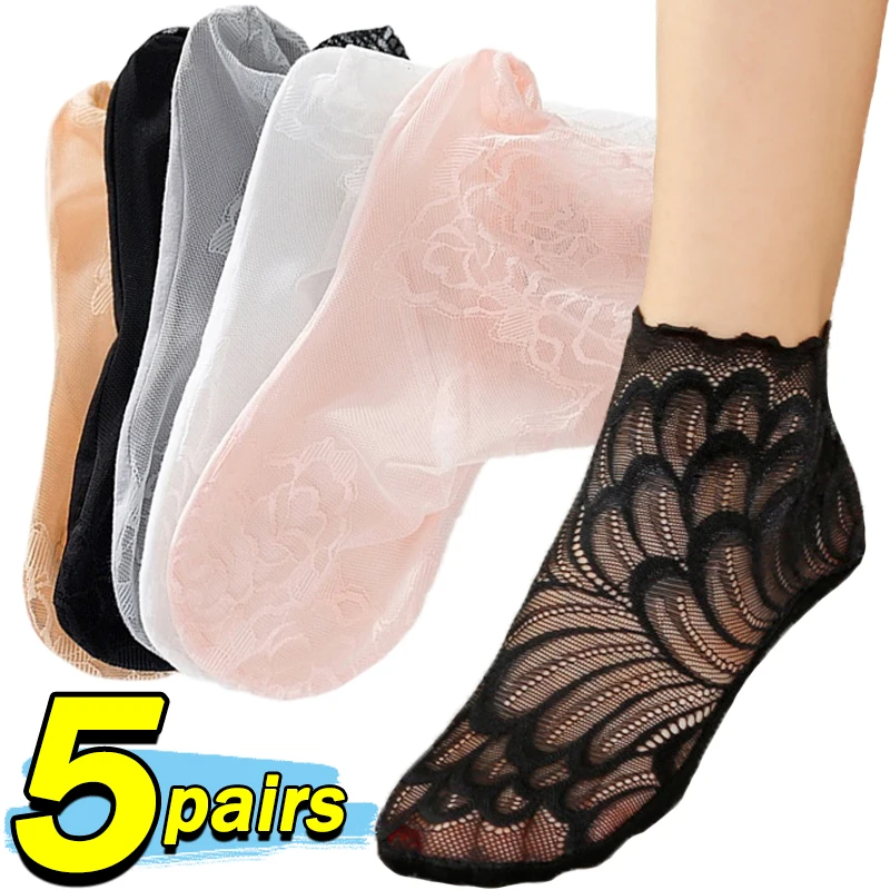 

Sexy Hollow Lace Flower Socks Women Summer Non-slip Thin Boat Sock Female Elastic Invisible Ankle Sox Sweet Transparent Hosiery