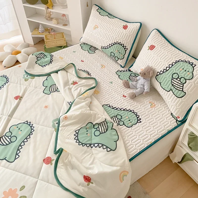 Double Sided Cool Feeling Summer Blanket Set Silky Summer Comforter Bedding Sets Ice Silk Cooling Quilt Latex Fitted Sheet Set summer quilt,summer quilt set