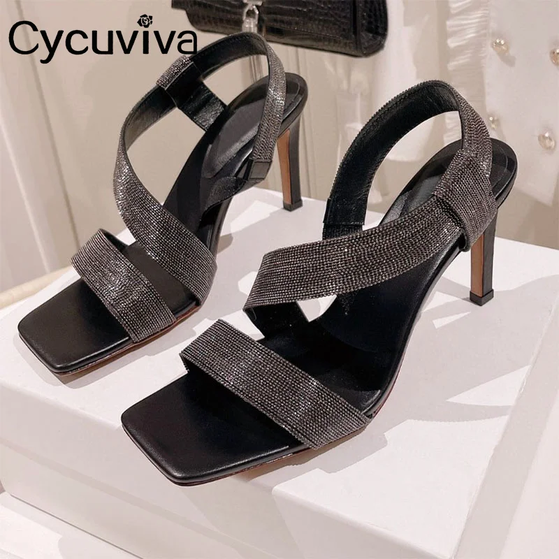 

2023 New Square Toe Slingback Party Sandals Women Summer High Heel Gladiator Shoes Designer Brand Dress Rome Sandals For Woman