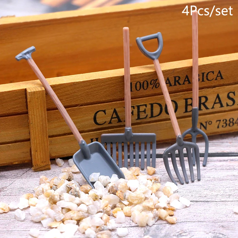 Mini Plastic Dollhouse Miniature Gardening Tool Shovel Rake Hoes Model Farm Decor Toy Doll House Accessories Kids Gift 4Pc