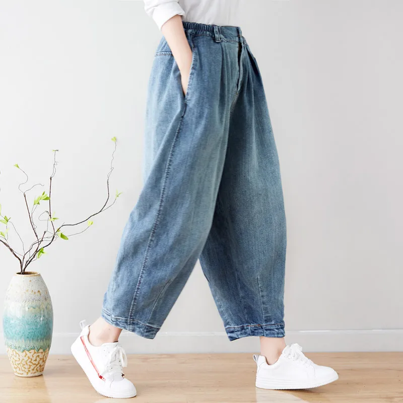 Jeans Women Bloomers Cotton Denim Wide Leg Pants Loose Casual Blue Comfy Trousers Spring Autumn Elastic Waist with Pockets