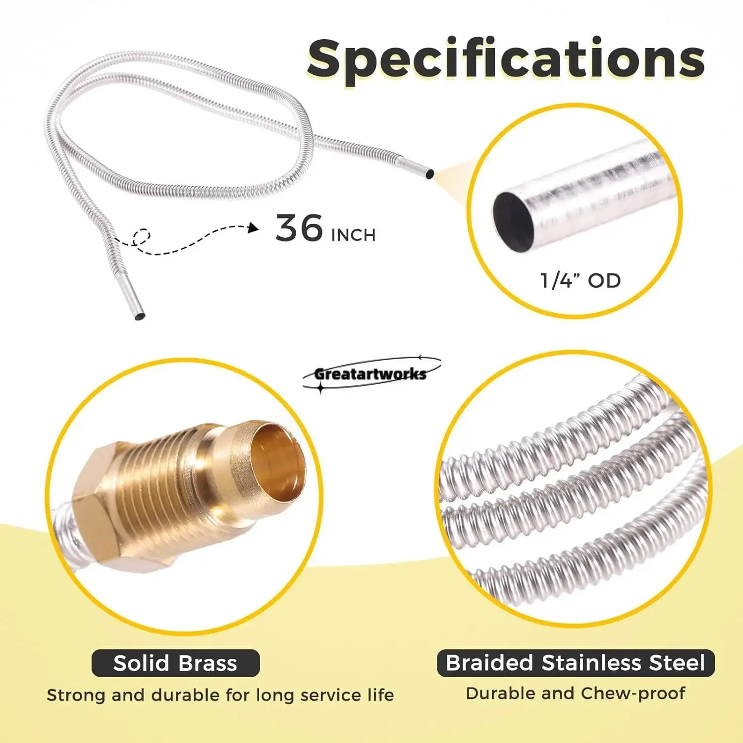 2pcs Flexible Stainless Steel Pilot Tube 1/4" OD 915mm Length Compression Fittings Male Female Nuts Natural Gas Propane Replace