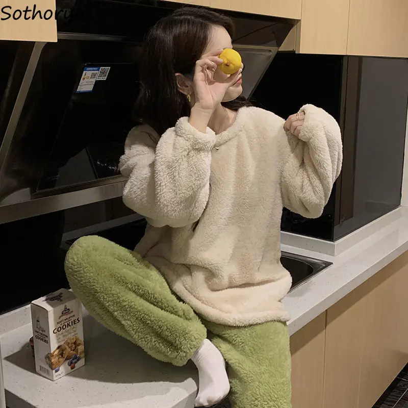 

Pajama Sets Women Cozy Warm Minimalist Pure Design Loose Leisure New Home Lounge Wear Students Winter Korean Style Fashion Sweet