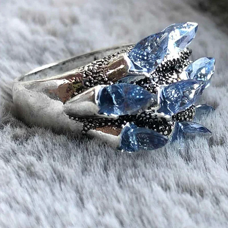 Finger Ring Milangirl Vintage Blue Crystal Rings Women Column Stone Finger Ring Carved Engagement Boho Wedding Jewelry