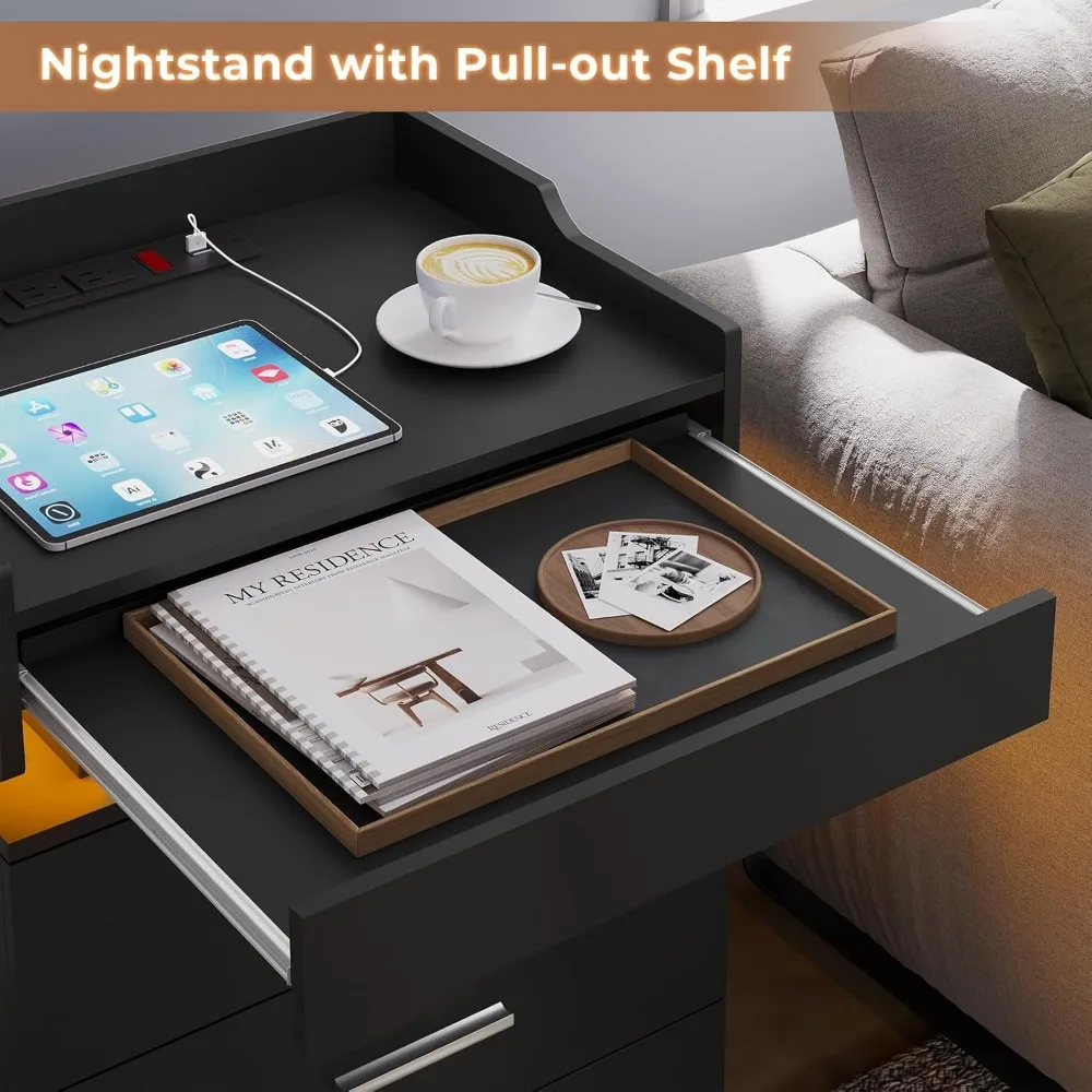Black Nightstand Set of ,LED Night Stand with Charging Station & Pull-Out Tray,Bedside Table with Drawers, 5