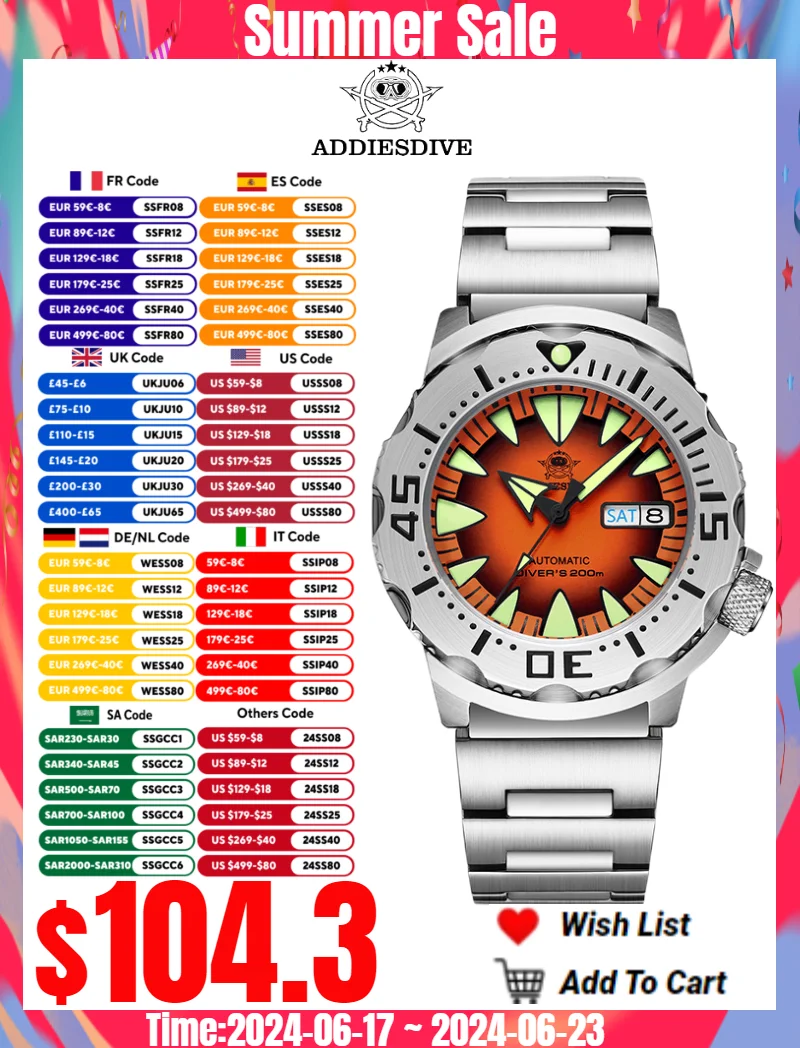 ADDIESDIVE Men Luxury Watch NH36 316L Stainless Steel 200Bar Waterproof Fashion Fluorescent Monster Automatic Mechanical Watch