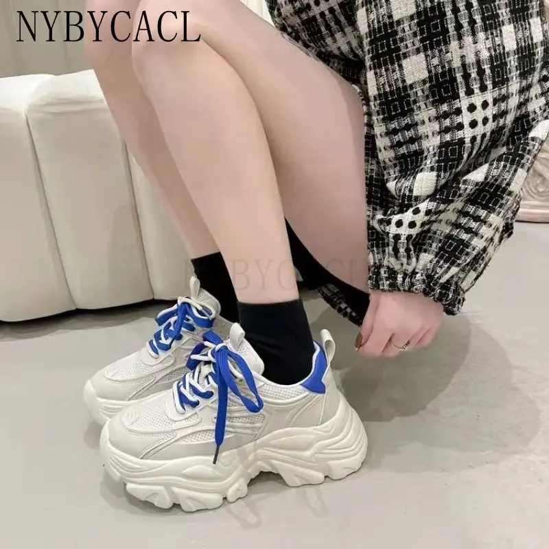 Summer Hot Sale Chunky Heel Internal Increase Sneaker Flats For Women Lace Up Comfortable Shoes Woman Fashion Popular Brand New