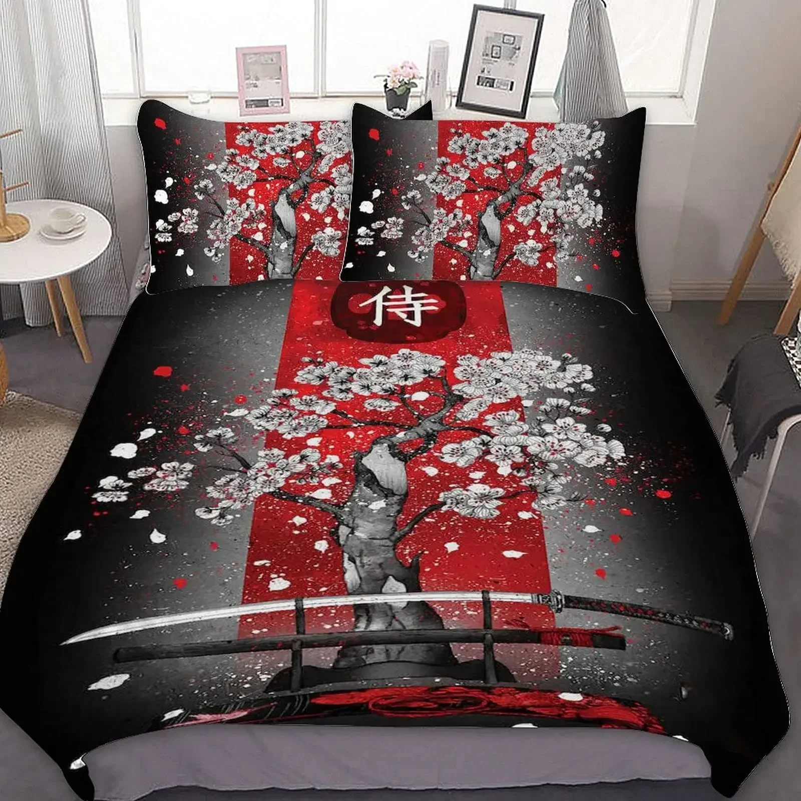 Japanese Samurai Bedding Set King/Queen/Full Size Japan Sunset Scenery Building Silhouette Polyester Duvet Cover Men Black Red