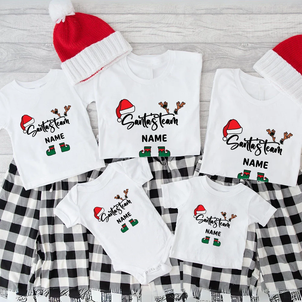 thumbnail image 2 of Camisetas navideñas familiares a juego del equipo de Santa Claus con nombre personalizado, camiseta de manga corta para papá, mamá, niños, mameluco para bebé, looks navideños, 2 of 5
