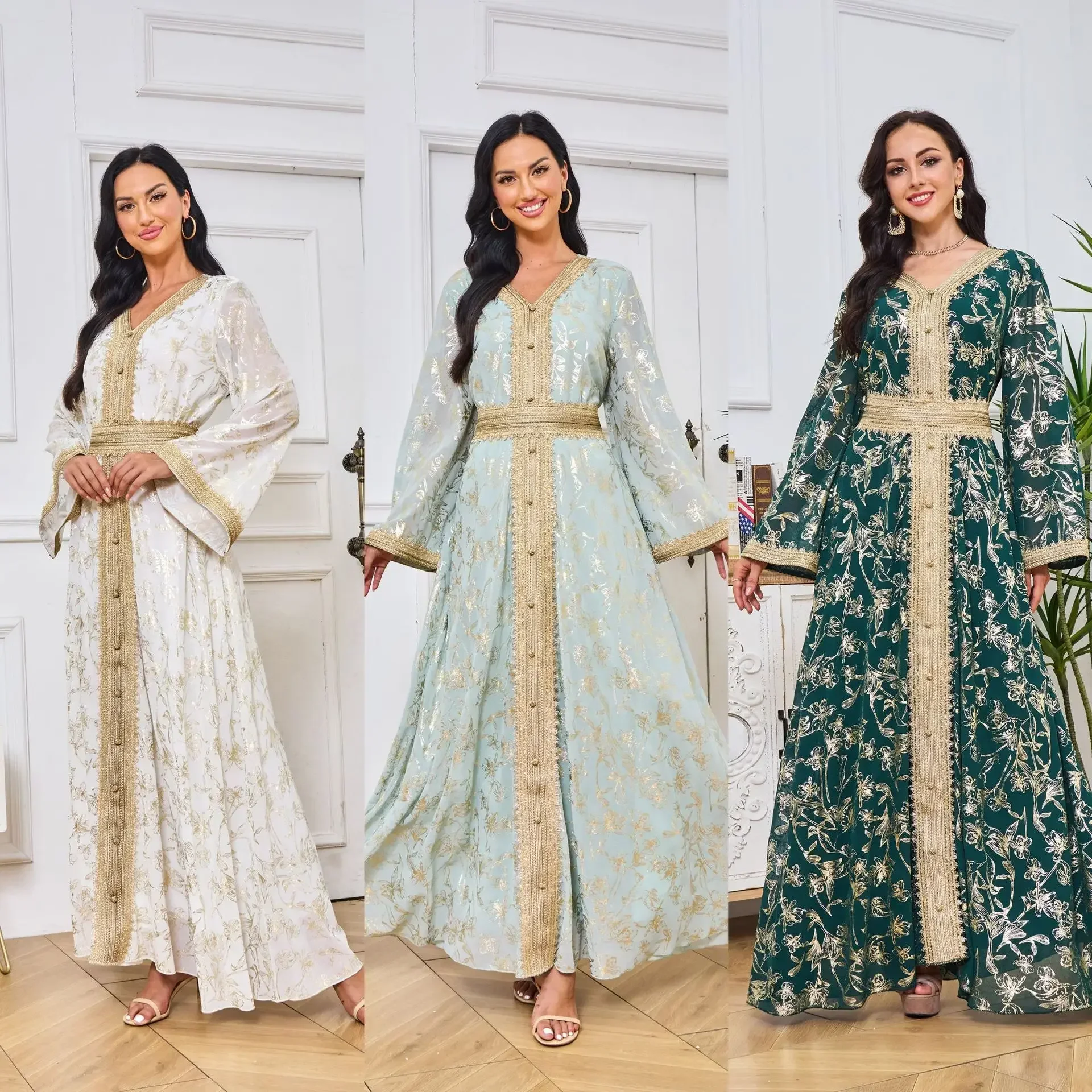 

Bronzing Grab Flower Fashion Round Neck Long Sleeve Dubai Evening Dress Muslim Dress dress Bottom Robe muslim dresses