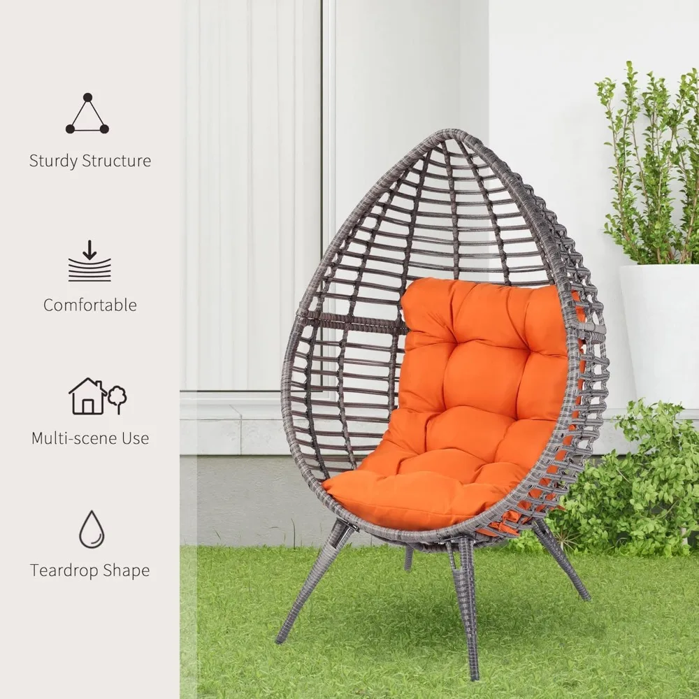 Patio Wicker Egg Chair w/Soft Cushion, Teardrop Cuddle Seat, Outdoor/Indoor Patio Chair, PE Plastic Rattan Furniture wi 5