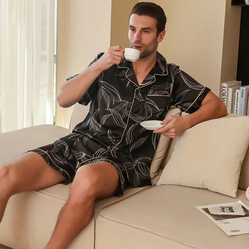 Men's pajamas short sleeved summer ice silk home clothing men's summer casual thin cardigan can be worn as a set home clothing