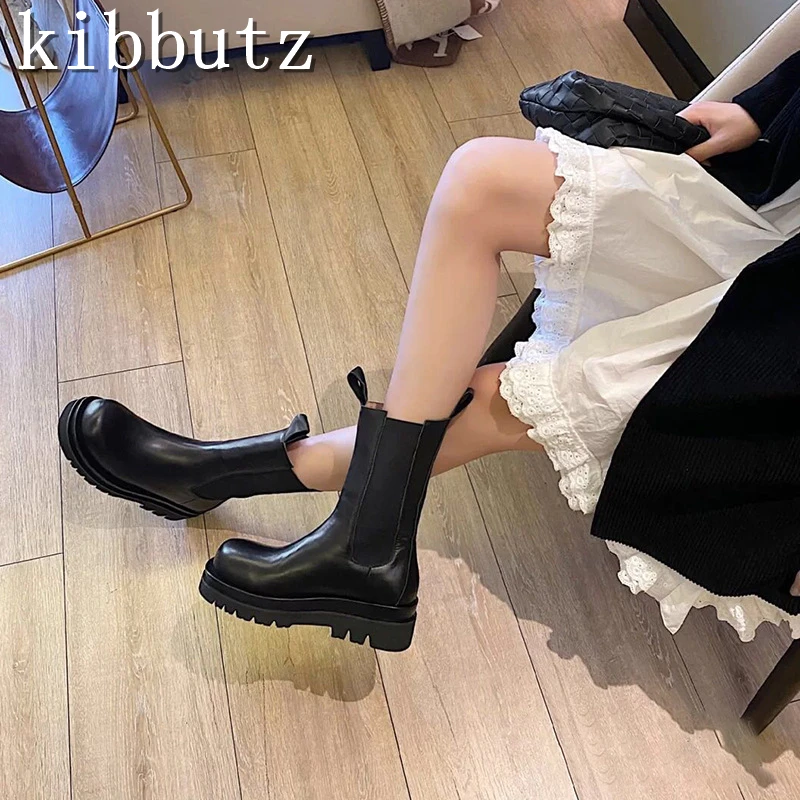 New Fashion Black Mid-Calf Chelsea Boots Women Round Toe Waterproof Platform Thick Sole Slip On Casual Short Elastic Boots