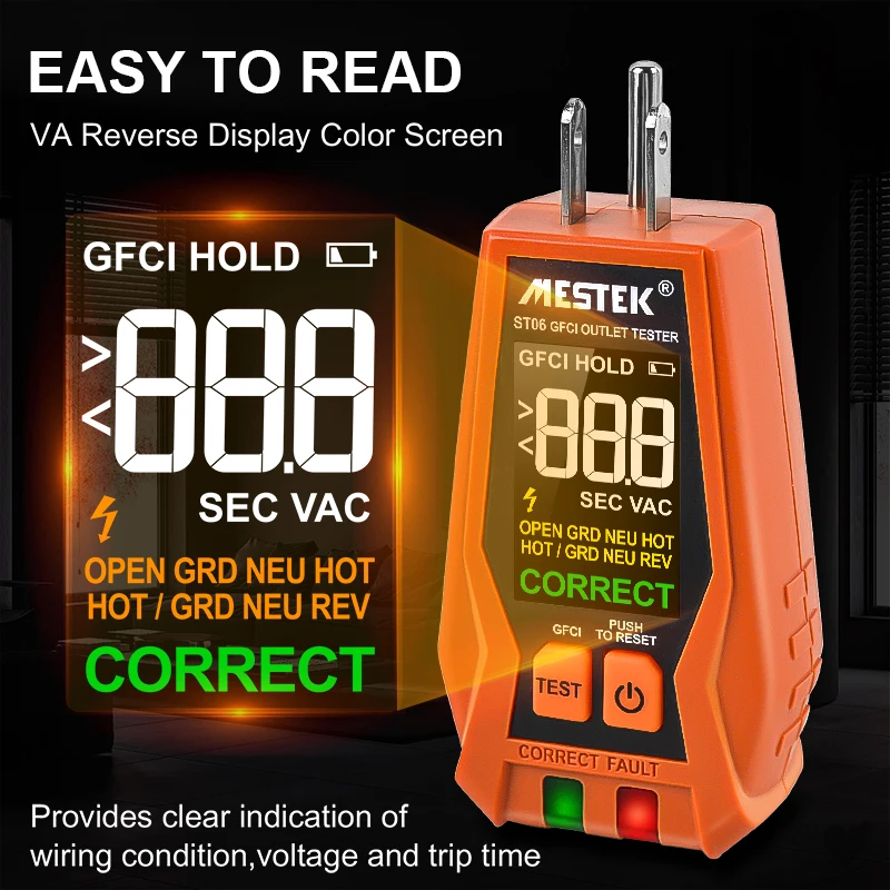 ST06 GFCI Outlet Tester 120V US Plug Color Screen GFCI Test Circuit Breaker Color Screen Live Neuter Wire Test Socket Detector 4