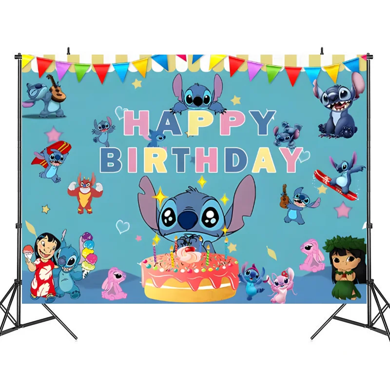 thumbnail image 1 of Fondo de ángel de Lilo y Stitch de Disney, decoraciones personalizables para fiestas de feliz cumpleaños, suministros para fiestas de baby shower, 1 of 5
