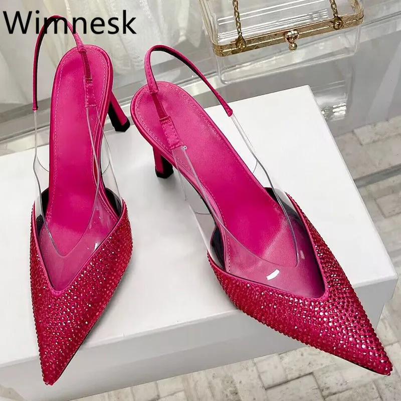 

Summer New Sexy Pointed Toe High Heels Woman Slip On Crystal Rhinestone Pumps Female Real Leather Thin Heel Party Sandalies 2023