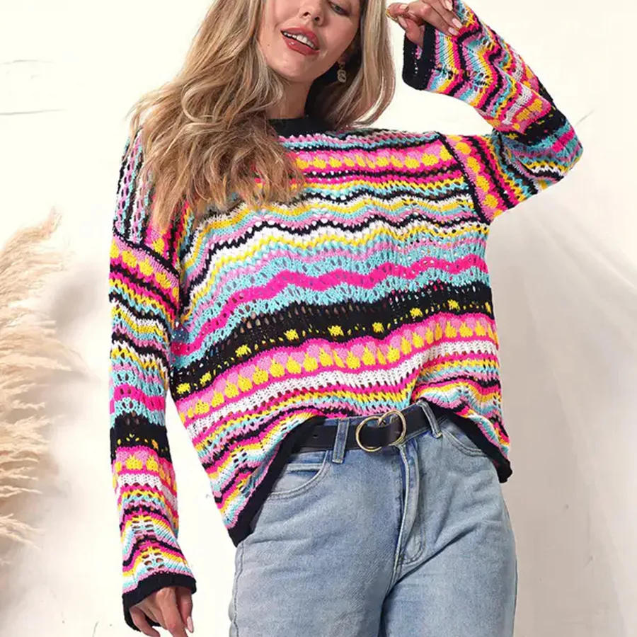 

Personalized Striped Hollowed Out Knit Shirt Loose Seaside Vacation Cover Up Colorful Top Casual Round Neck Long Sleeves
