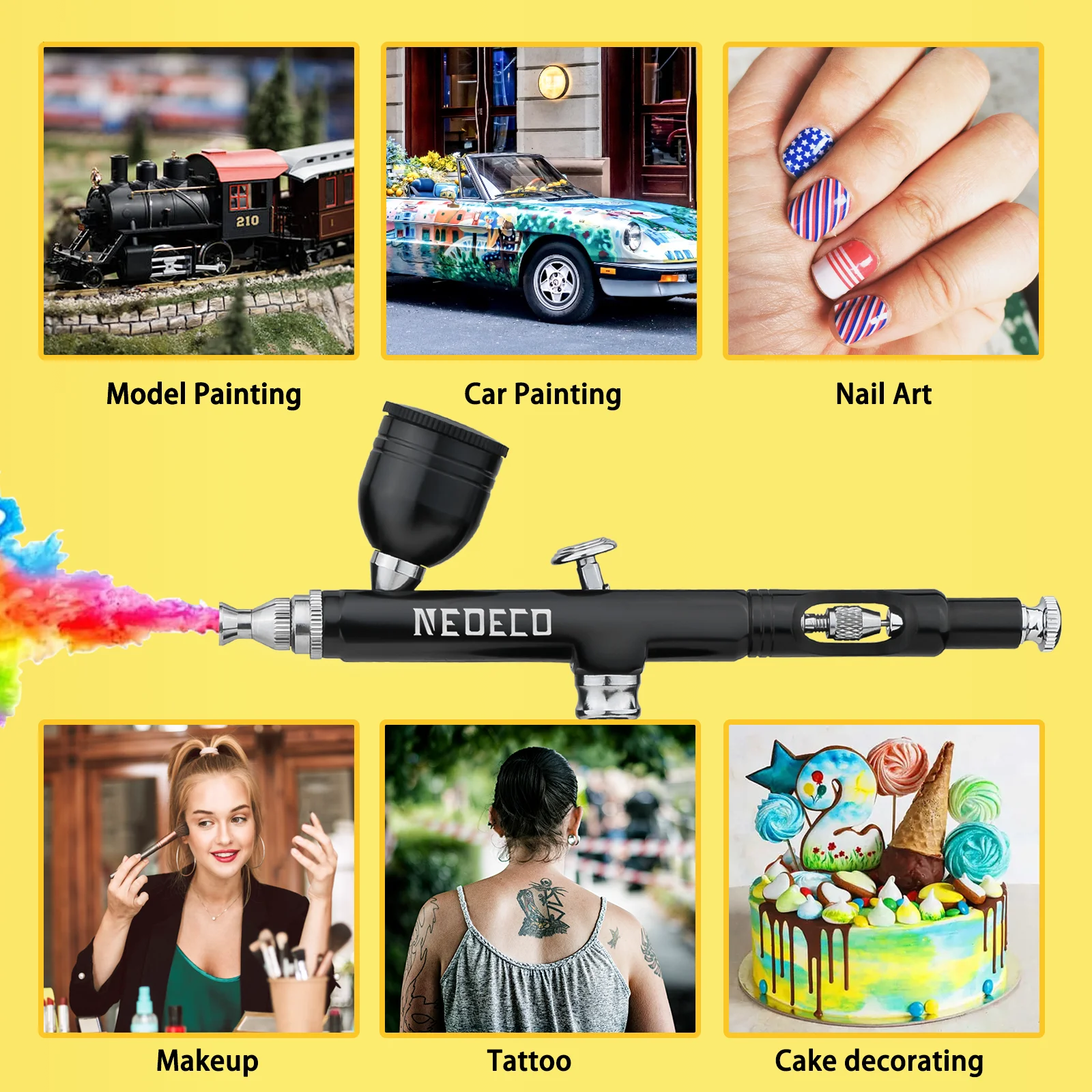 Full airbrush kit with compressor, airbrush, and accessories presented together